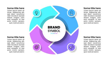 Simgeli bilgi şablonu ve 4 seçenek veya adım. Döngü. İş akışı düzeni, diyagram, pankart, web tasarımı için kullanılabilir. Vektör illüstrasyonu