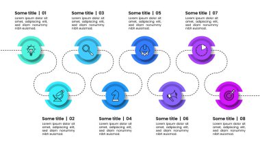 Simgeli ve 8 basamaklı bilgi şablonu. Yatay çizgi. İş akışı düzeni, diyagram, pankart, web tasarımı için kullanılabilir. Vektör illüstrasyonu