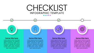 Simgeli bilgi şablonu ve 4 seçenek veya adım. Kontrol listesi. İş akışı düzeni, diyagram, pankart, web tasarımı için kullanılabilir. Vektör illüstrasyonu