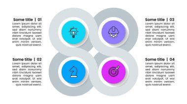 Simgeli bilgi şablonu ve 4 seçenek veya adım. Birbirine bağlı halkalar. İş akışı düzeni, diyagram, pankart, web tasarımı için kullanılabilir. Vektör illüstrasyonu