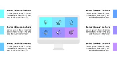 Simgeli ve 6 basamaklı bilgi şablonu. Bilgisayar. İş akışı düzeni, diyagram, pankart, web tasarımı için kullanılabilir. Vektör illüstrasyonu