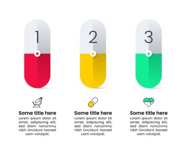 Simgeli bilgi şablonu ve 3 seçenek veya adım. Tıbbi konsept. İş akışı düzeni, diyagram, pankart, web tasarımı için kullanılabilir. Vektör illüstrasyonu