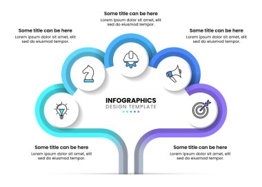 Simgeli bilgi şablonu ve 5 seçenek veya adım. Ağaç. İş akışı düzeni, diyagram, pankart, web tasarımı için kullanılabilir. Vektör illüstrasyonu