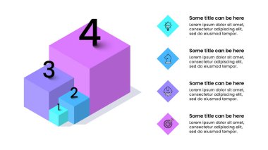 Simgeli bilgi şablonu ve 4 seçenek veya adım. Küpler. İş akışı düzeni, diyagram, pankart, web tasarımı için kullanılabilir. Vektör illüstrasyonu