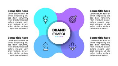 Simgeli bilgi şablonu ve 4 seçenek veya adım. Birbirine bağlı halkalar. İş akışı düzeni, diyagram, pankart, web tasarımı için kullanılabilir. Vektör illüstrasyonu