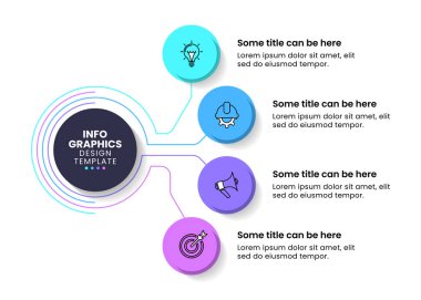 Simgeli bilgi şablonu ve 4 seçenek veya adım. Daireler. İş akışı düzeni, diyagram, pankart, web tasarımı için kullanılabilir. Vektör illüstrasyonu