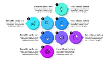 Simgeli ve 8 basamaklı bilgi şablonu. Daireler. İş akışı düzeni, diyagram, pankart, web tasarımı için kullanılabilir. Vektör illüstrasyonu