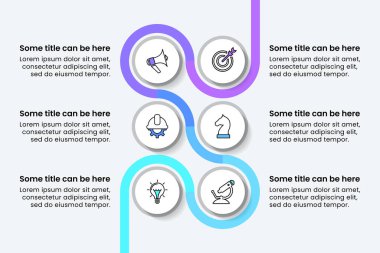 Simgeli ve 6 basamaklı bilgi şablonu. Renkli bir çizgi. İş akışı düzeni, diyagram, pankart, web tasarımı için kullanılabilir. Vektör illüstrasyonu