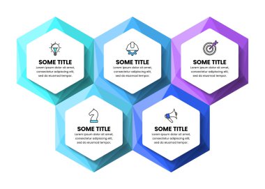 Simgeli bilgi şablonu ve 5 seçenek veya adım. Altıgenler. İş akışı düzeni, diyagram, pankart, web tasarımı için kullanılabilir. Vektör illüstrasyonu