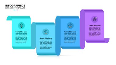 Simgeli bilgi şablonu ve 4 seçenek veya adım. Kurdele. İş akışı düzeni, diyagram, pankart, web tasarımı için kullanılabilir. Vektör illüstrasyonu