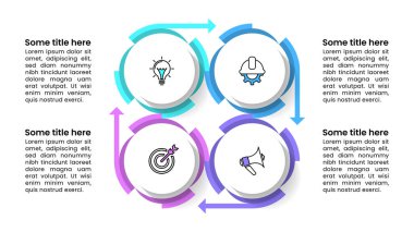 Simgeli bilgi şablonu ve 4 seçenek veya adım. Dişliler. İş akışı düzeni, diyagram, pankart, web tasarımı için kullanılabilir. Vektör illüstrasyonu