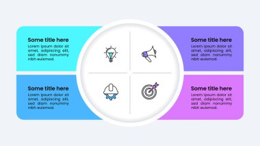 Simgeli bilgi şablonu ve 4 seçenek veya adım. Çember olun. İş akışı düzeni, diyagram, pankart, web tasarımı için kullanılabilir. Vektör illüstrasyonu