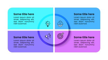Simgeli bilgi şablonu ve 4 seçenek veya adım. İş akışı düzeni, diyagram, pankart, web tasarımı için kullanılabilir. Vektör illüstrasyonu