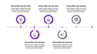 Simgeli bilgi şablonu ve 5 seçenek veya adım. Mor çizgi. İş akışı düzeni, diyagram, pankart, web tasarımı için kullanılabilir. Vektör illüstrasyonu