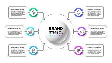 Simgeli ve 6 basamaklı bilgi şablonu. Çember olun. İş akışı düzeni, diyagram, pankart, web tasarımı için kullanılabilir. Vektör illüstrasyonu