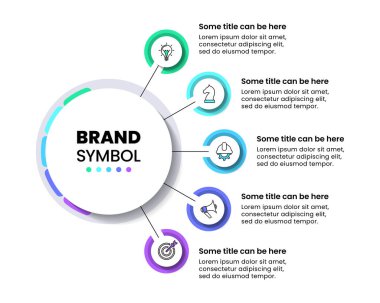 Simgeli bilgi şablonu ve 5 seçenek veya adım. Çember olun. İş akışı düzeni, diyagram, pankart, web tasarımı için kullanılabilir. Vektör illüstrasyonu