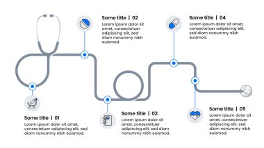 Simgeli bilgi şablonu ve 5 seçenek veya adım. Steteskop. İş akışı düzeni, diyagram, pankart, web tasarımı için kullanılabilir. Vektör illüstrasyonu