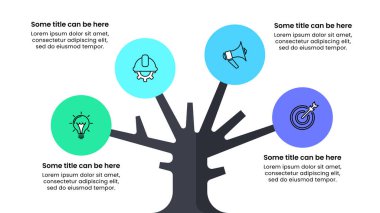 Simgeli bilgi şablonu ve 4 seçenek veya adım. Soyut ağaç. İş akışı düzeni, diyagram, pankart, web tasarımı için kullanılabilir. Vektör illüstrasyonu