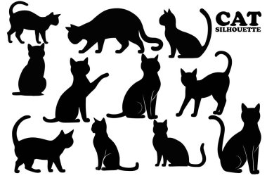 Kedi silueti koleksiyonu. Bir set siyah kedi silueti. Kedi silueti ayarlandı.