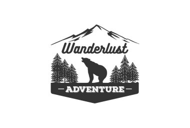 Vintage adventure hand drawn label design. Definition of wanderlust sign and outdoor activity symbols mountains forest bear Retro style Isolated on white background Vector letterpress effect clipart