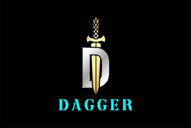 Hançer Logosu Tasarım Vektörü D harfiyle Altın Kılıç Hançeri Stiletto