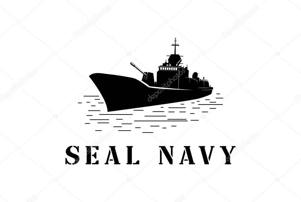 Vintage Retro Sea Ocean Navy Seal Ship for Military Army Soldier Logo Design