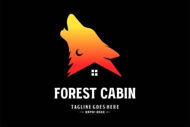 Sunset Howling Wolf Head ve House Cabin Chalet Açık Hava Macera Logosu Simgesi İllüstrasyonu