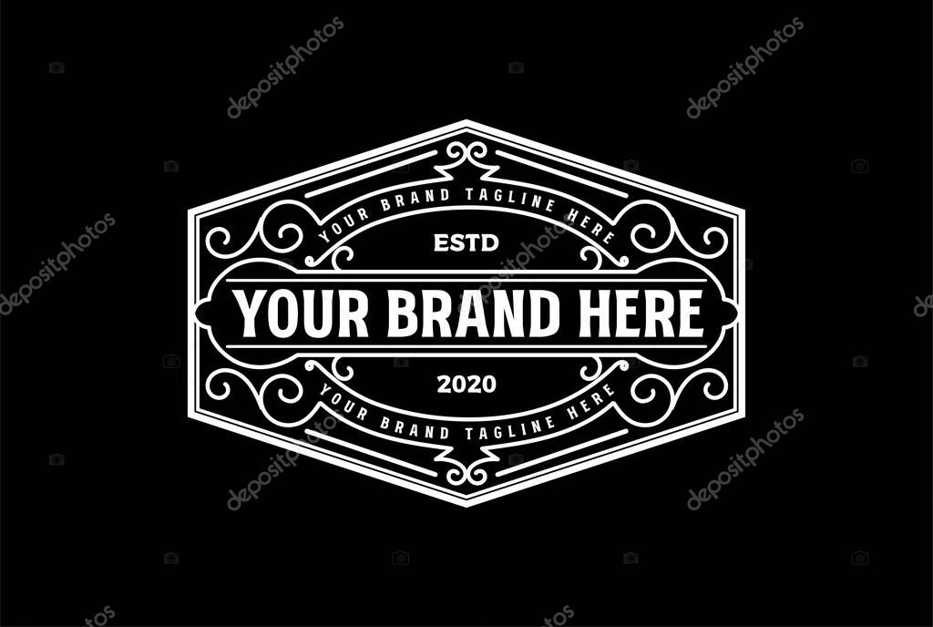 Hexagonal Vintage Border Frame Royal Crown Badge Emblem Stamp Label Logo Design Vector
