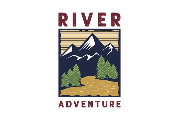 Vintage Latschenkiefernwald Mit Creek River Für Outdoor Adventure Logo Design — Stockvektor