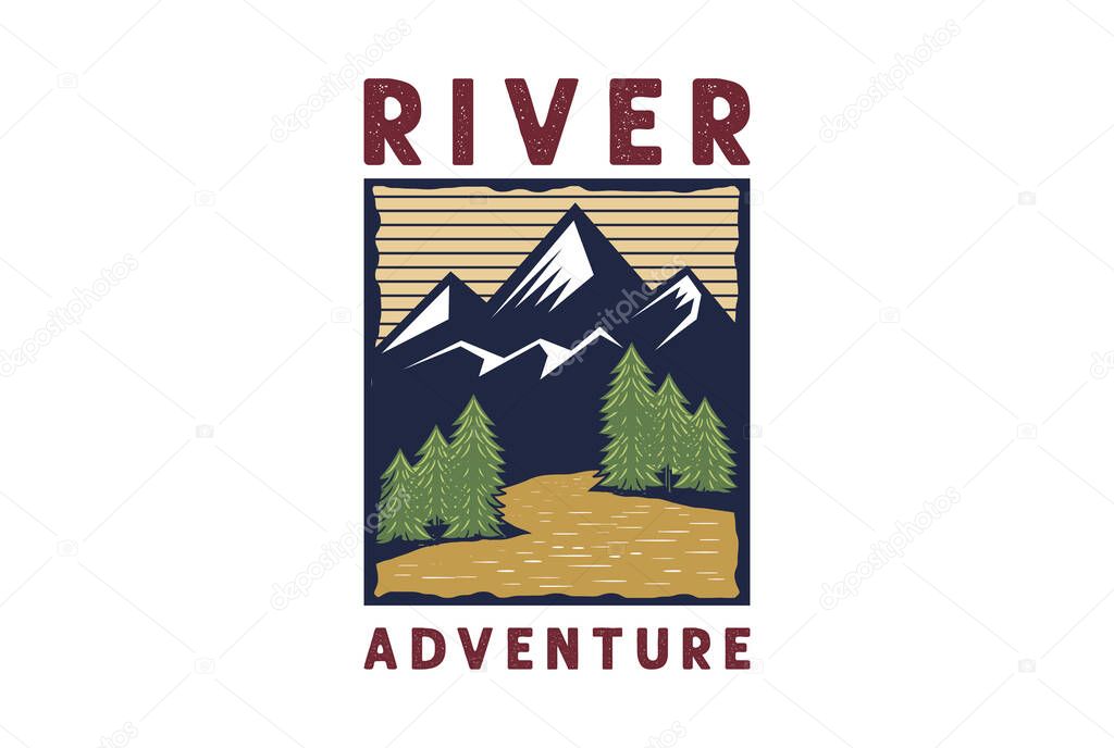 Vintage Mountain Pine Forest with Creek River for Outdoor Adventure Logo Design