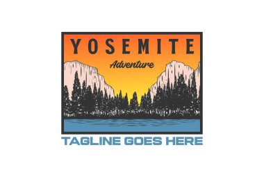 Klasik Yosemite Peyzaj Görünümü Açık Hava Macerası Tişört Logosu İllüstrasyonu