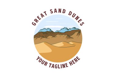Vintage Retro American Great Sand Dunes Desert Ulusal Parkı Açık Hava Macerası Logo İllüstrasyonu