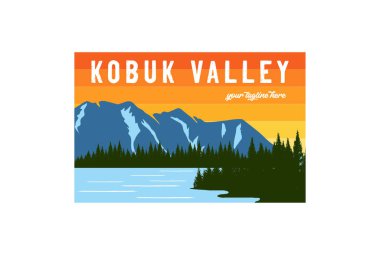 Klasik Retro American Mountain Pine Forest Kobuk Valley River Lake Ulusal Parkı Açık Hava Macerası Logosu İllüstrasyonu