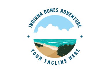 Vintage Retro American Ocean Indiana Dunes Sahil Kıyı Parkı Açık Hava Macerası Logosu İllüstrasyonu