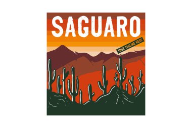 Vintage Retro American Saguaro Kaktüs Ulusal Parkı Açık Hava Macerası Logo İllüstrasyonu
