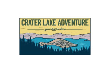 Vintage Retro American Crater Lake Ulusal Parkı Açık Hava Macerası Logosu İllüstrasyonu