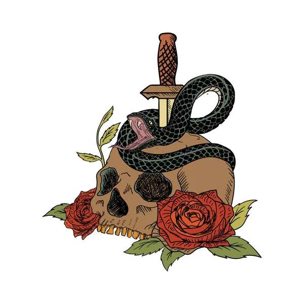 Human Skulls Roses Venomous Snake Dagger White Background Illustration Vector — Stock Vector
