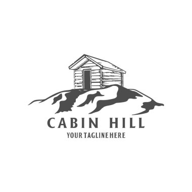 Mountain Hill Illustration Logo Tasarım Vektörü 'ndeki Retro Tahta Kulübe Kulübesi Kulübesi Kulübesi.