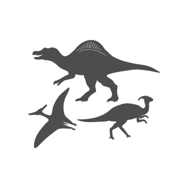 Dinozorlar, Spinosaurus, Pteranodon ve Parasaurolophus Siluet Simge Çizim Vektörü