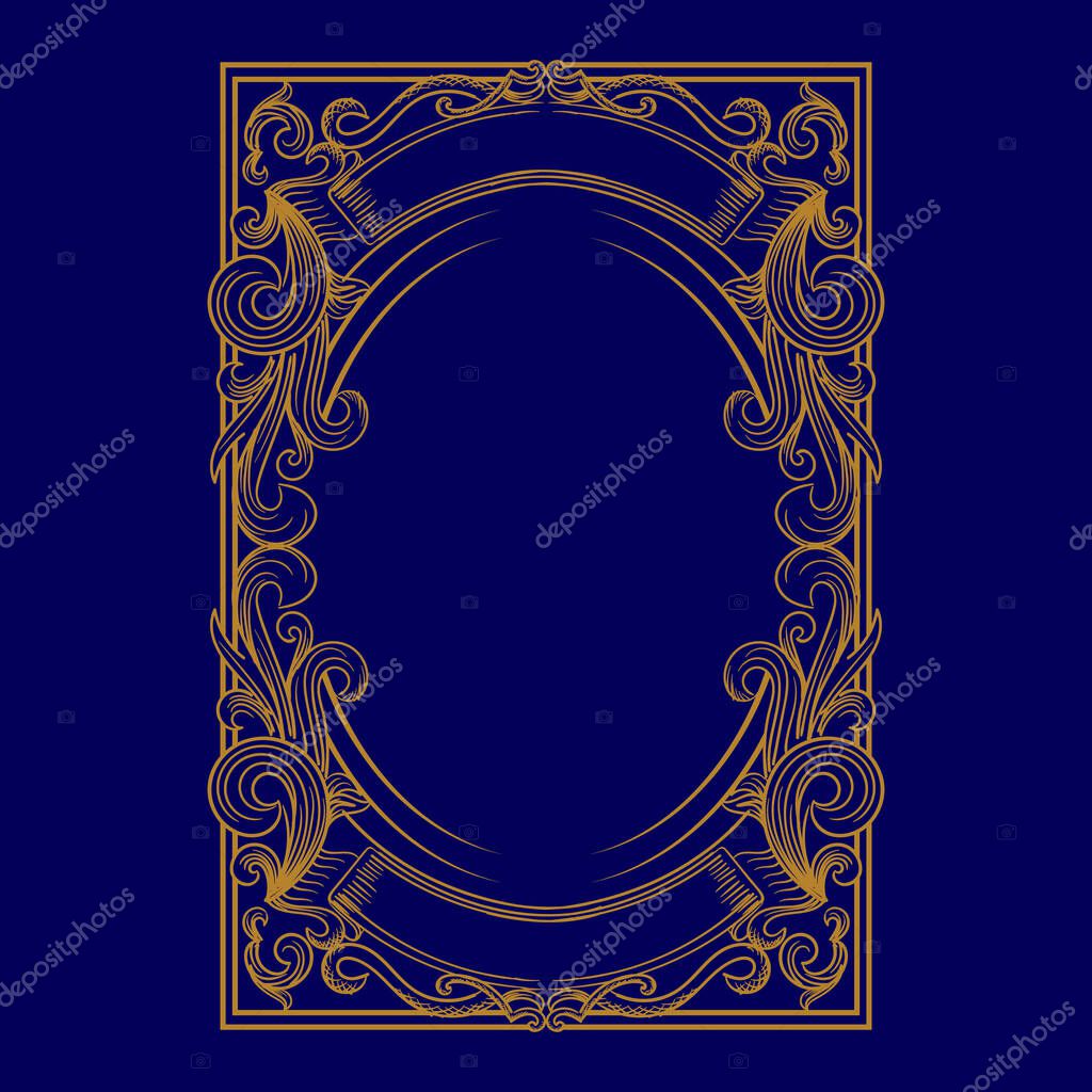 Vintage Square Royal Border Frame with Golden Art Deco Ornaments on Blue Dark Background