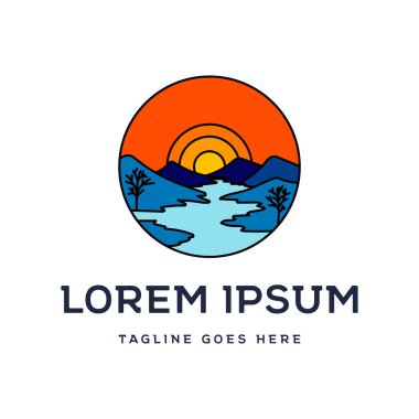 Açık Hava Macera Kampı Çizim Tasarımı için River Creek Gölü 'yle Circular Sunset Mountain