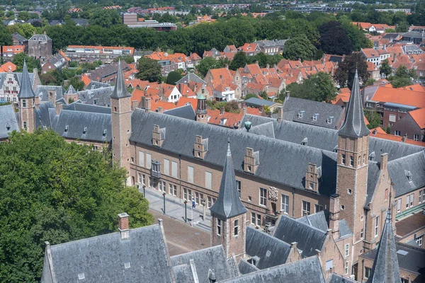 Kilátás Templom Torony Lange Jan Zenekar Történelmi Apátság Middelburg Zeeland — Stock Fotó
