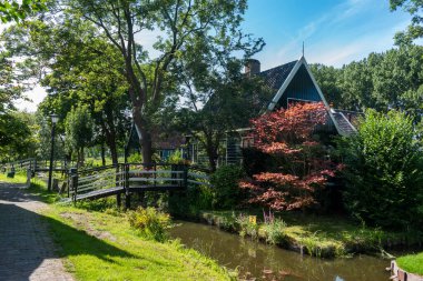 Zaandam 'ın Kalverpolder bölgesindeki Haaldersbroek caddesinde bahçeli köy manzarası ve geleneksel evler. Hollanda 'nın Kuzey Hollanda Eyaleti