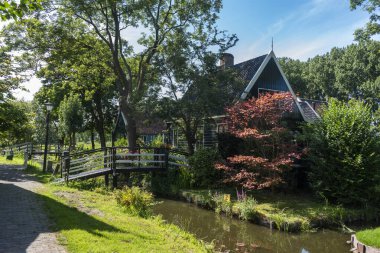 Zaandam 'ın Kalverpolder bölgesindeki Haaldersbroek caddesinde bahçeli köy manzarası ve geleneksel evler. Hollanda 'nın Kuzey Hollanda Eyaleti