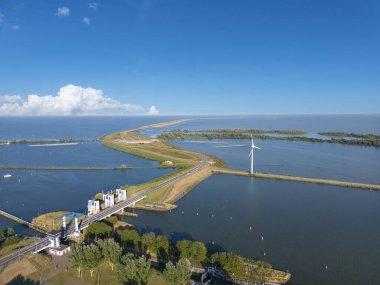 Aerial view with the Krabbersgat lock and the Markerwaarddijk. Enkhuizen in the Province of North Holland in the Netherlands clipart