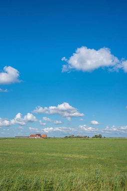 Marken Adası 'ndaki kanalın güneyindeki köy kortlarının yakınındaki manzara. Hollanda 'nın Kuzey Hollanda Eyaleti
