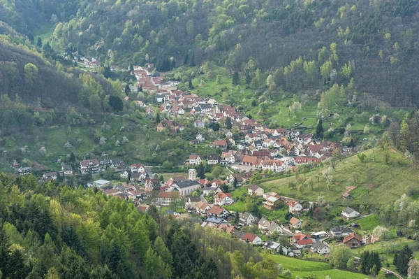 Flemingen yakınlarındaki Neu Scharfeneck kalesinden Ramberg kasabasının manzarası. Almanya 'da Rhineland-Palatinate ili