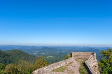 Wegelburg Kalesi, arka planda Palatinate Ormanı manzarası olan Nothweiler yakınlarında harabe. Almanya 'da Rhineland-Palatinate Bölgesi