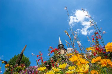 Lauterbourg 'daki Katolik Kutsal Üçleme Kilisesi. Renkli kır çiçeklerinin ön planında. Fransa 'da Alsace Bölümü