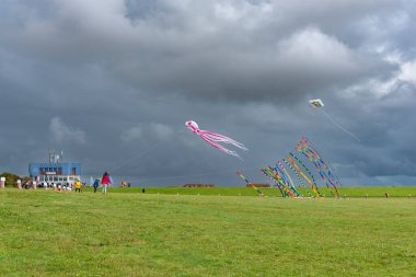 Norddeich 'teki sözde Drachenwiese' de uçurtmalar. Almanya 'da Aşağı Saksonya Devleti